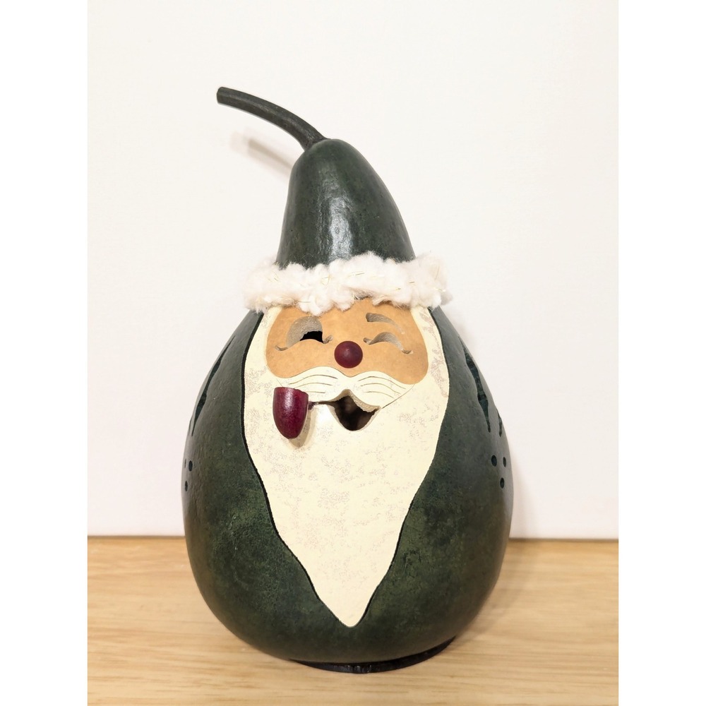 Meadowbrooke Gourd Saint Nick Christmas Green Santa Handmade Carved Lantern 6.5"